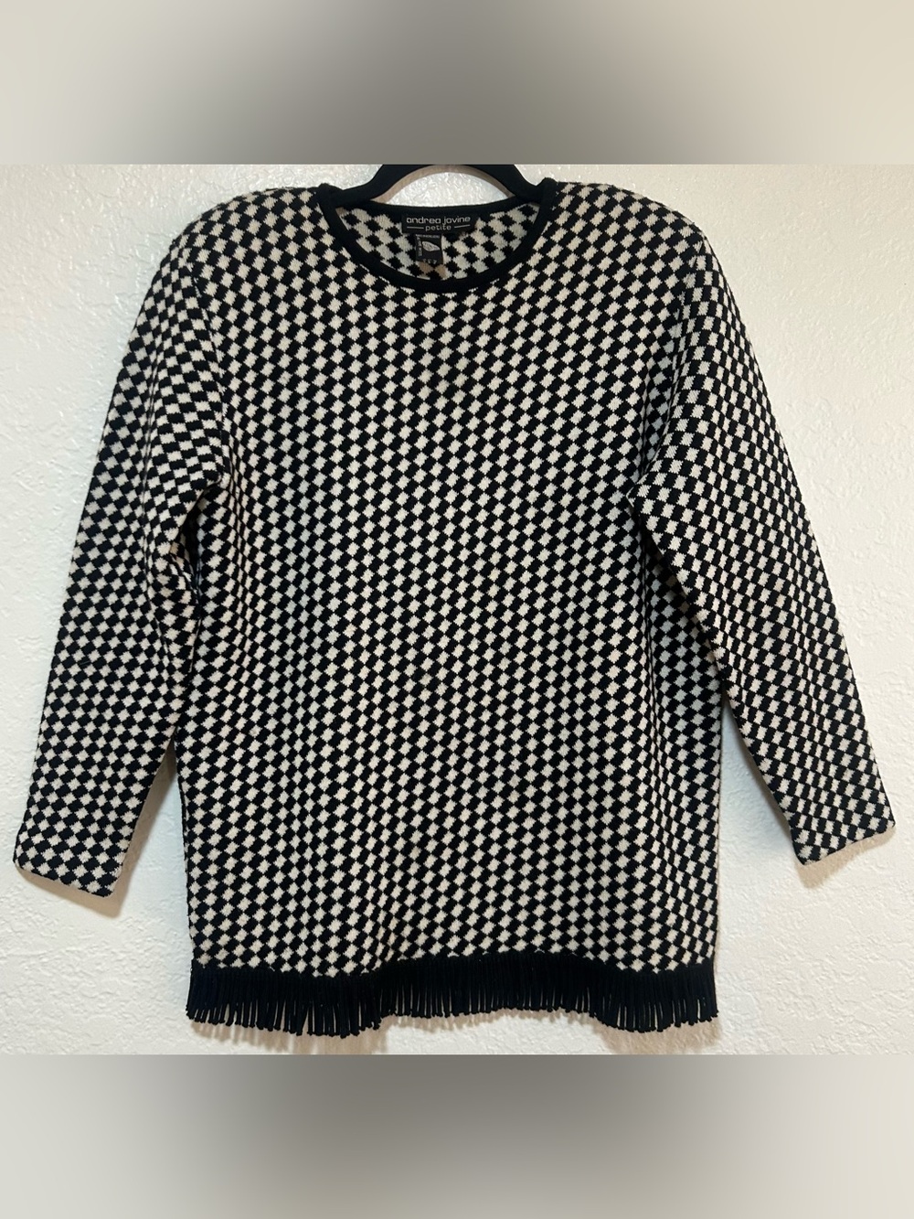 Andrea Jovine Petite Black & White Checkered w/ Black Fringe 100% Wool Sweater